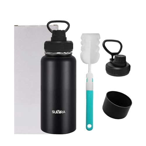 SUVIRA Stainless Steel Water Bottle/Hot & Iced Wide Mouth,Vacuum Insulated Double Wall, Leakproof Lid, bouteille D'eau/Gourde isotherme-Ideal for Sport,Gym, (Black, 32 Ounces)