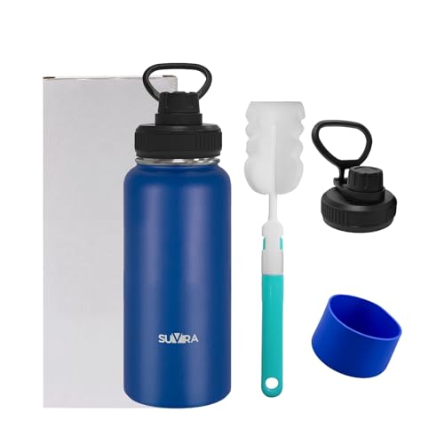 SUVIRA Stainless Steel Water Bottle/Hot & Iced Wide Mouth,Vacuum Insulated Double Wall, Leakproof Lid, bouteille D'eau/Gourde isotherme-Ideal for Sport,Gym, (Blue, 32 Ounces)