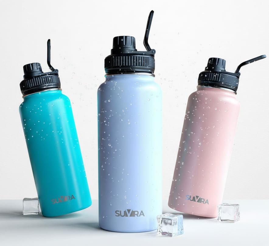 SUVIRA Stainless Steel Water Bottle, Pack of 3, 32 Ounces