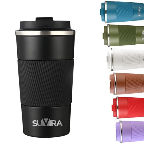 SUVIRA:Travel Coffee Mug17oz/510ml,Thermal Vacuum Insulated,Leakproof CoffeeTumbler for Hot&Iced Drinks,Stainless Steel Double-Wall, Reusable Cup for Cafe,Tea&Water with Lid. (Black)