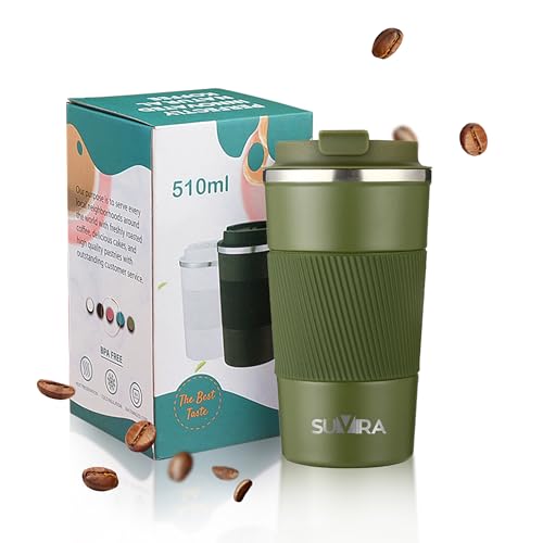 SUVIRA:Travel Coffee Mug17oz/510ml,Thermal Vacuum Insulated,Leakproof CoffeeTumbler for Hot&Iced Drinks,Stainless Steel Double-Wall Thermos, Reusable Cup for Cafe,Tea&Water with Lid. (Green G02)