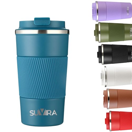 SUVIRA:Travel Coffee Mug17oz/510ml,Thermal Vacuum Insulated,Leakproof CoffeeTumbler for Hot&Iced Drinks,Stainless Steel Double-Wall, Reusable Cup for Cafe,Tea&Water with Lid. (Blue e)