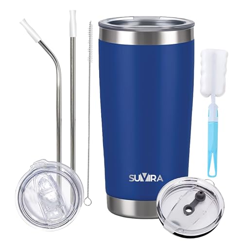 SUVIRA 20 Oz & 30 Oz Stainless Steel Coffee Mug, Double Wall Insulated Vacuum Tumblers with Straw & Sliding Lid, Keep Your Beverages Hot & Cold Ideal for Coffee, Tea, & Cold Drinks.(Blue, 20 OZ)