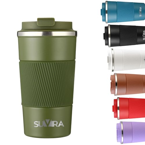 SUVIRA:Travel Coffee Mug17oz/510ml,Thermal Vacuum Insulated,Leakproof CoffeeTumbler for Hot&Iced Drinks,Stainless Steel Double-Wall, Reusable Cup for Cafe,Tea&Water with Lid. (Green G01)