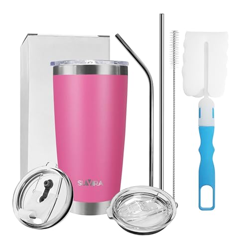 SUVIRA 20 Oz & 30 Oz Stainless Steel Coffee Mug, Double Wall Insulated Vacuum Tumblers with Straw & Sliding Lid, Keep Your Beverages Hot & Cold Ideal for Coffee, Tea, & Cold Drinks.(Pink, 20 OZ)