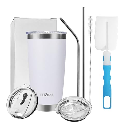 SUVIRA 20 Oz & 30 Oz Stainless Steel Coffee Mug, Double Wall Insulated Vacuum Tumblers with Straw & Sliding Lid, Keep Your Beverages Hot & Cold Ideal for Coffee, Tea, & Cold Drinks.(White, 20 OZ)