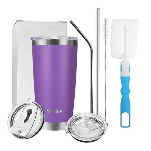 SUVIRA 20 Oz & 30 Oz Stainless Steel Coffee Mug, Double Wall Insulated Vacuum Tumblers with Straw & Sliding Lid, Keep Your Beverages Hot & Cold Ideal for Coffee, Tea, & Cold Drinks.(Purple, 20 OZ)