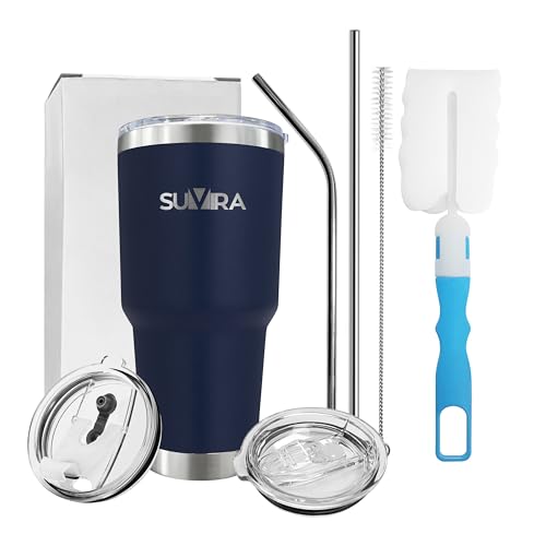 SUVIRA 20 Oz & 30 Oz Stainless Steel Coffee Mug, Double Wall Insulated Vacuum Tumblers with Straw & Sliding Lid, Keep Your Beverages Hot & Cold Ideal for Coffee, Tea, & Cold Drinks.(Blue, 30 OZ)