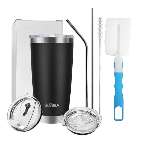 SUVIRA 20 Oz & 30 Oz Stainless Steel Coffee Mug, Double Wall Insulated Vacuum Tumblers with Straw & Sliding Lid, Keep Your Beverages Hot & Cold Ideal for Coffee, Tea, & Cold Drinks.(Black, 20 OZ)