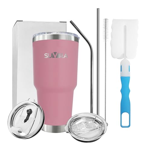 SUVIRA 20 Oz & 30 Oz Stainless Steel Coffee Mug, Double Wall Insulated Vacuum Tumblers with Straw & Sliding Lid, Keep Your Beverages Hot & Cold Ideal for Coffee, Tea, & Cold Drinks.(Pink, 30 OZ)