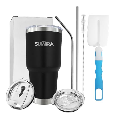 SUVIRA 20 Oz & 30 Oz Stainless Steel Coffee Mug, Double Wall Insulated Vacuum Tumblers with Straw & Sliding Lid, Keep Your Beverages Hot & Cold Ideal for Coffee, Tea, & Cold Drinks.(Black, 30 OZ)