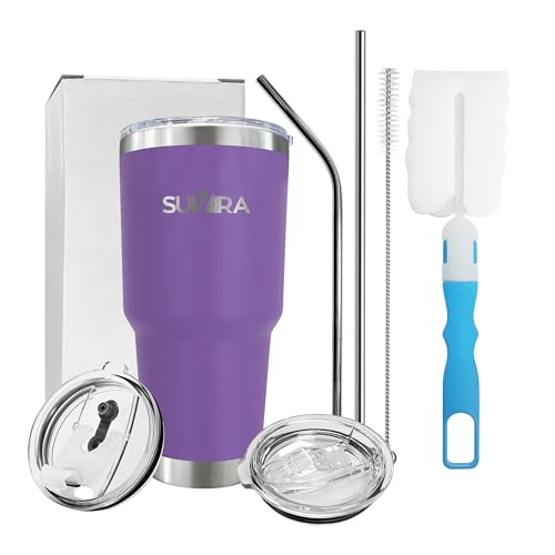 SUVIRA 20 Oz & 30 Oz Stainless Steel Coffee Mug, Double Wall Insulated Vacuum Tumblers with Straw & Sliding Lid, Keep Your Beverages Hot & Cold Ideal for Coffee, Tea, & Cold Drinks.(Purple, 30 OZ)