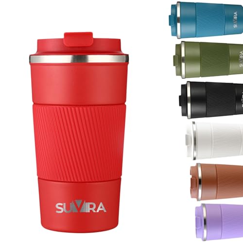 SUVIRA:Travel Coffee Mug17oz/510ml,Thermal Vacuum Insulated,Leakproof CoffeeTumbler for Hot&Iced Drinks,Stainless Steel Double-Wall, Reusable Cup for Cafe,Tea&Water with Lid. (Red)