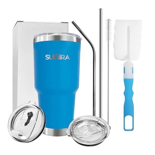 SUVIRA 20 Oz & 30 Oz Stainless Steel Coffee Mug, Double Wall Insulated Vacuum Tumblers with Straw & Sliding Lid, Keep your Beverages Hot & Cold Ideal for Coffee, Tea, & Cold Drinks. (Turquoise, 30 Oz)