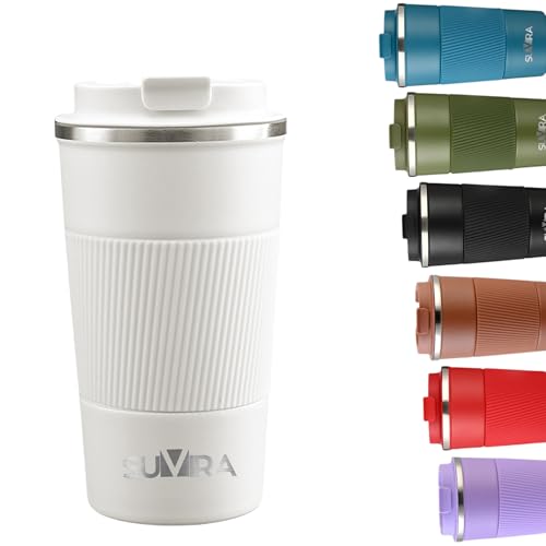 SUVIRA:Travel Coffee Mug17oz/510ml,Thermal Vacuum Insulated,Leakproof CoffeeTumbler for Hot&Iced Drinks,Stainless Steel Double-Wall, Reusable Cup for Cafe,Tea&Water with Lid. (White)
