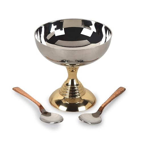 SUVIRA Handcrafted Ice Cream Bowl with Stand & Spoon, Stainless Steel & Brass Two Metal, Unique Desion, Elevate Your Dessert Experience Perfect for Serving Ice Cream. (Ice Cream Bowl SS)