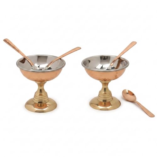 SUVIRA Handcrafted Pack of 2 Ice Cream Bowl with Stand & Spoon, Copper & Stainless Steel & Brass Three Metal,Unique Desion, Elevate Your Dessert Experience Perfect for Serving Ice Cream. (Set of 2)