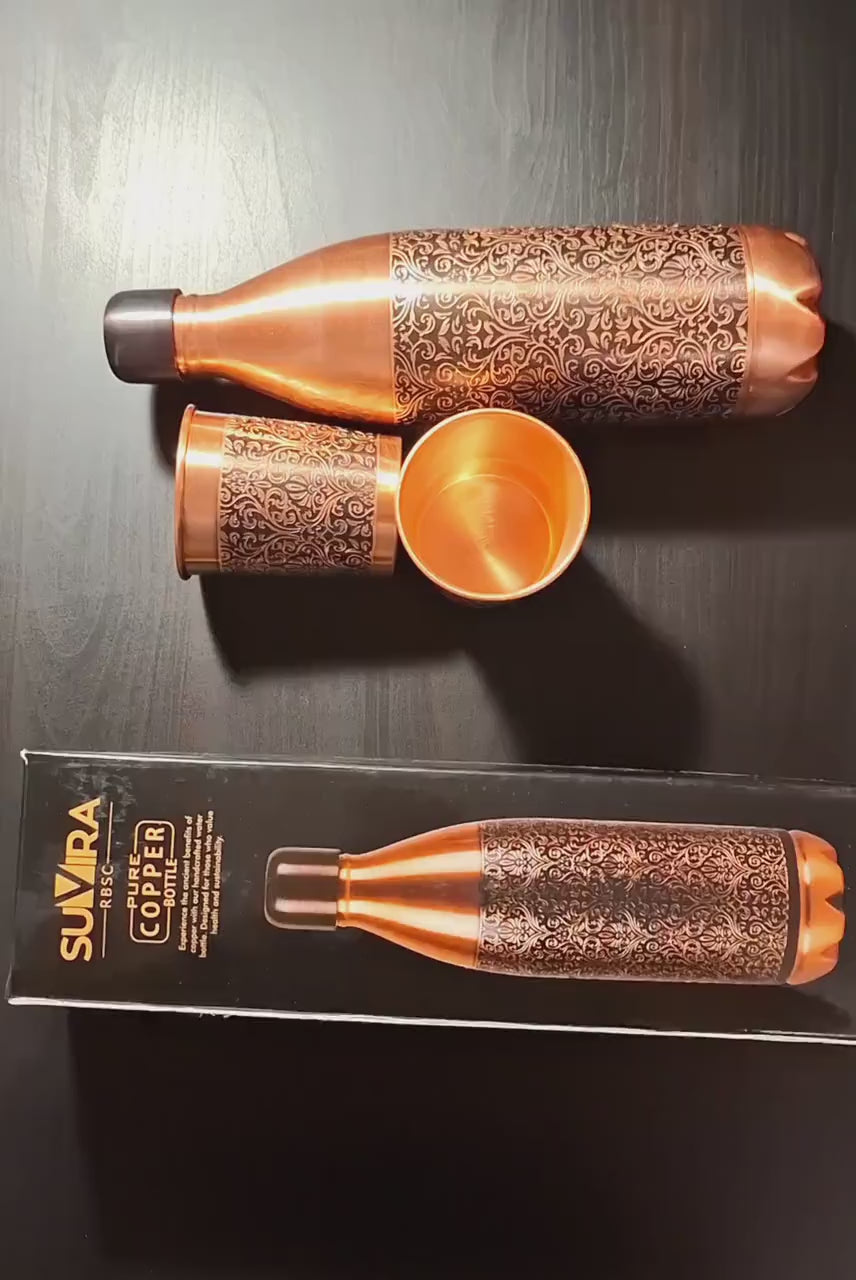 Pure Copper Water Bottle with 2 Tumblers, 32 oz Bottle and Cup Gift Set