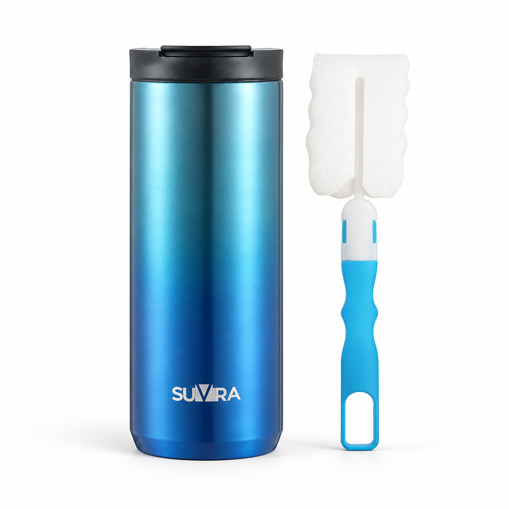 SUVIRA Travel Mug with Cleaner, 510 ml/17 oz, Stainless Steel Insulated Coffee Tumbler for Hot Cafe and Cold Drinks, Reusable Coffee Cup with Leak-Proof Lid for Car, Outdoor, Office (Blue) — product view 1
