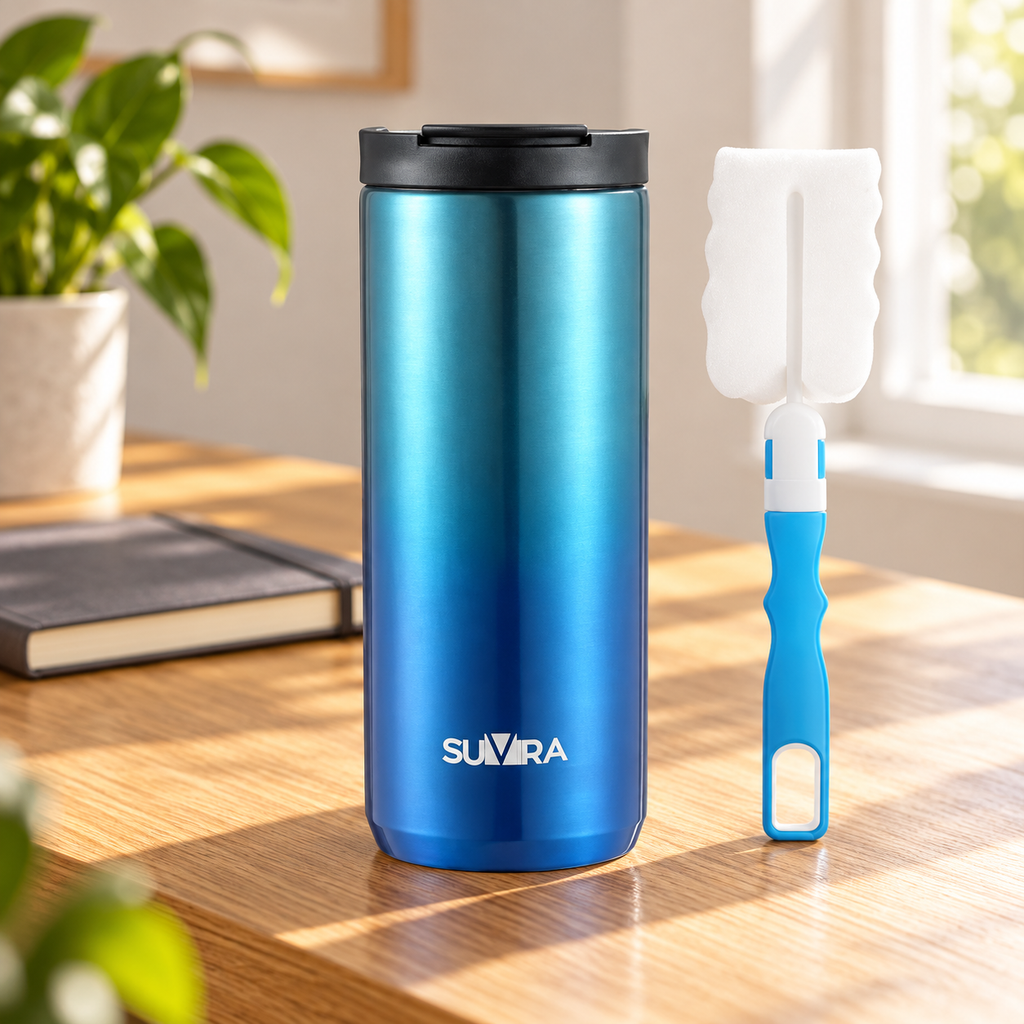 SUVIRA Travel Mug with Cleaner, 510 ml/17 oz, Stainless Steel Insulated Coffee Tumbler for Hot Cafe and Cold Drinks, Reusable Coffee Cup with Leak-Proof Lid for Car, Outdoor, Office (Blue) — product view 2