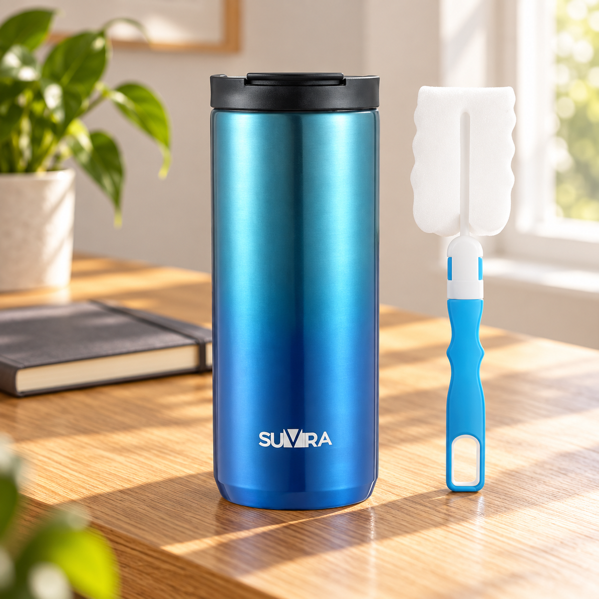 SUVIRA Travel Mug with Cleaner, 510 ml/17 oz, Stainless Steel Insulated Coffee Tumbler for Hot Cafe and Cold Drinks, Reusable Coffee Cup with Leak-Proof Lid for Car, Outdoor, Office (Blue) — product view 2