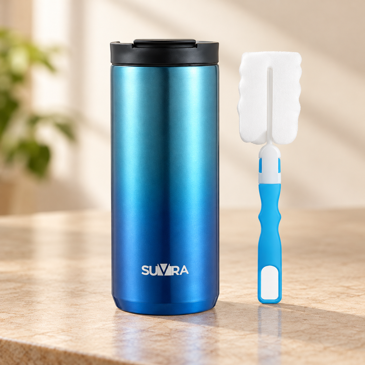 SUVIRA Travel Mug with Cleaner, 510 ml/17 oz, Stainless Steel Insulated Coffee Tumbler for Hot Cafe and Cold Drinks, Reusable Coffee Cup with Leak-Proof Lid for Car, Outdoor, Office (Blue) — product view 3