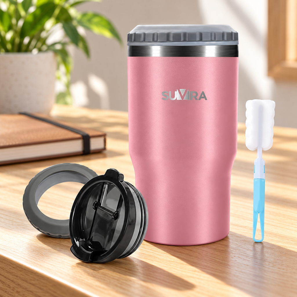 12 oz Insulated Can Cooler with 2 Lids — Pink — product view 2