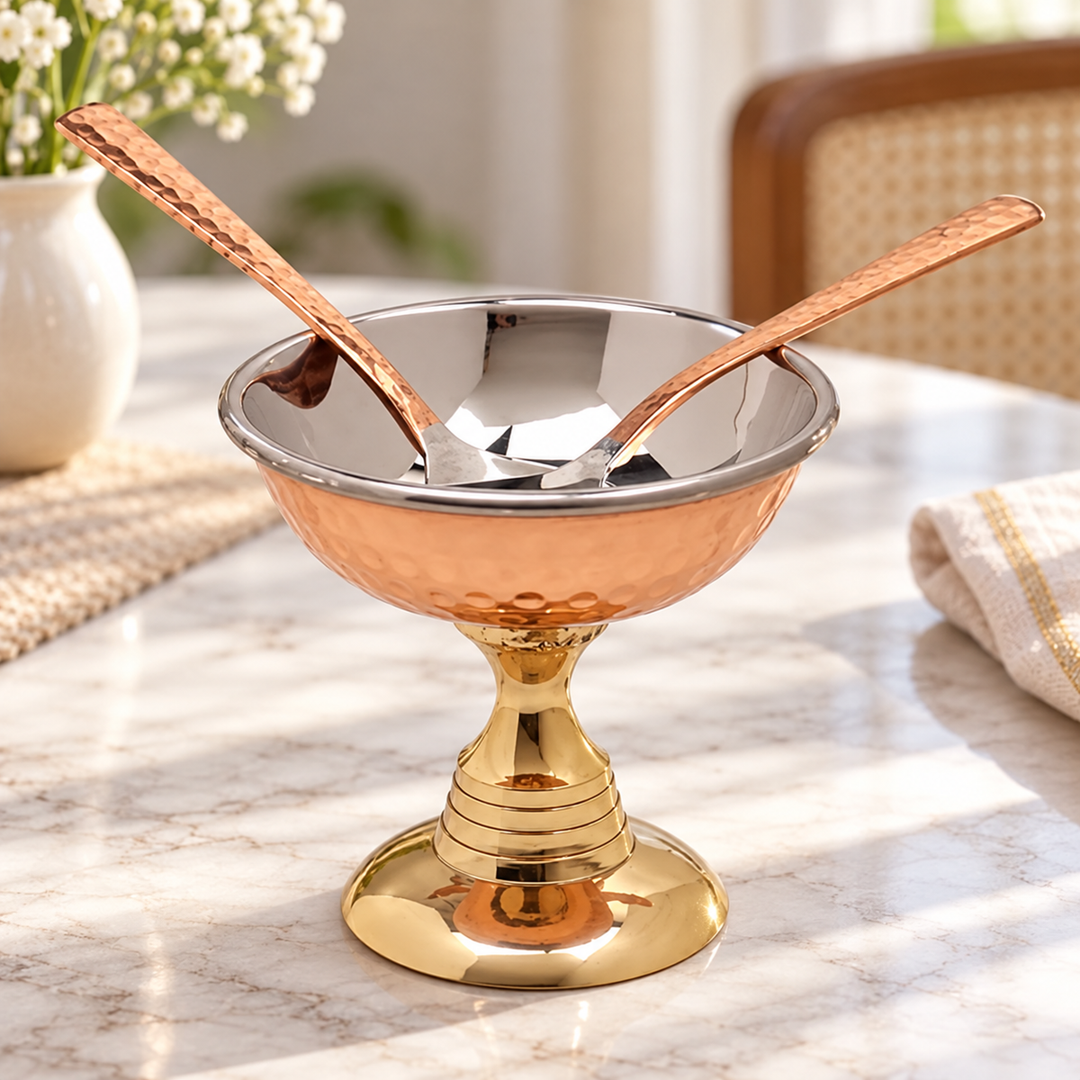 Handcrafted Ice Cream Bowls with Stand and Spoon — copper single set — product view 2