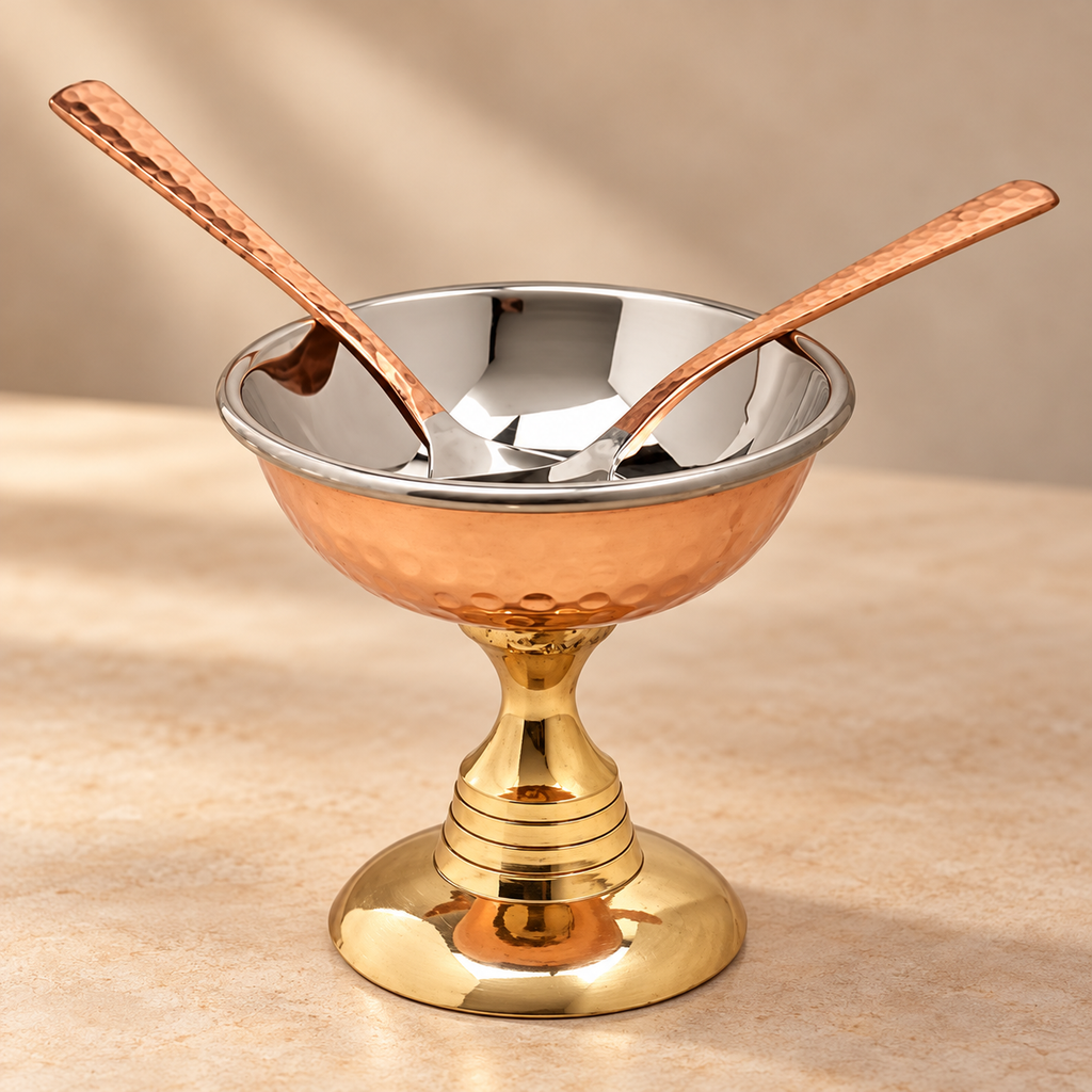 Handcrafted Ice Cream Bowls with Stand and Spoon — copper single set — product view 3