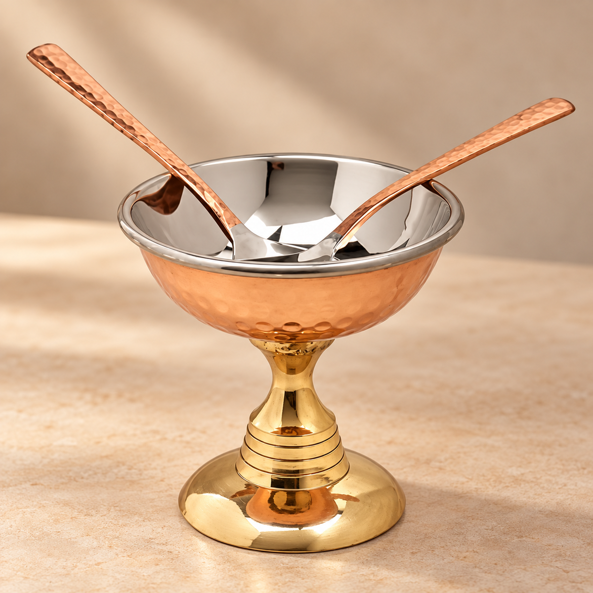Handcrafted Ice Cream Bowls with Stand and Spoon — copper single set — product view 3
