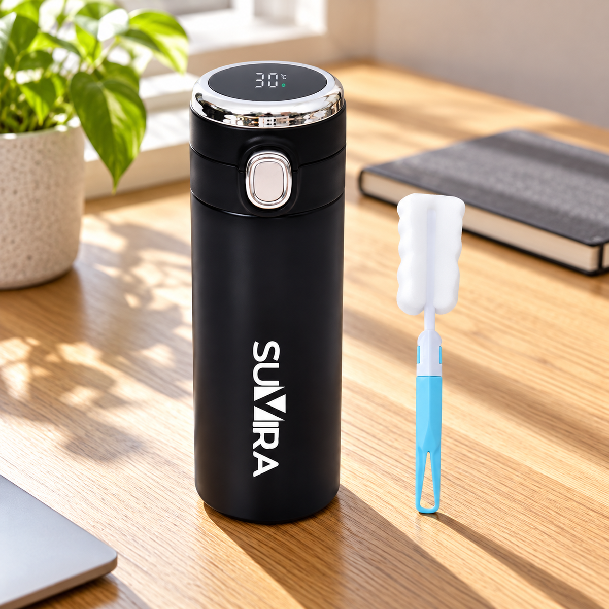 SUVIRA 420ml Smart Travel Vacuum Insulated Coffee Cup, Double Layer Stainless Steel, Thermal Bottle with Temperature Display Mug, Keep Hot or Cold, for Coffee, Tea & Ice Drinks (Black) — product view 2
