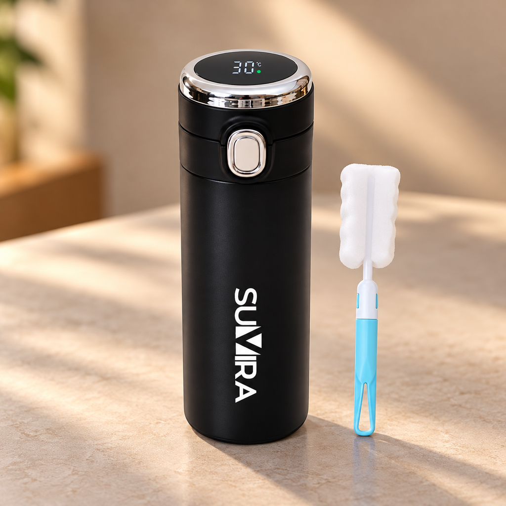 SUVIRA 420ml Smart Travel Vacuum Insulated Coffee Cup, Double Layer Stainless Steel, Thermal Bottle with Temperature Display Mug, Keep Hot or Cold, for Coffee, Tea & Ice Drinks (Black) — product view 3