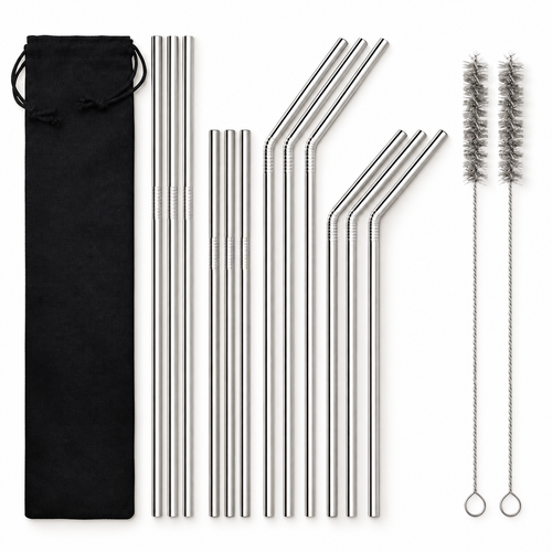 12 Stainless Steel Straws with 2 Cleaning Brushes — product view 1