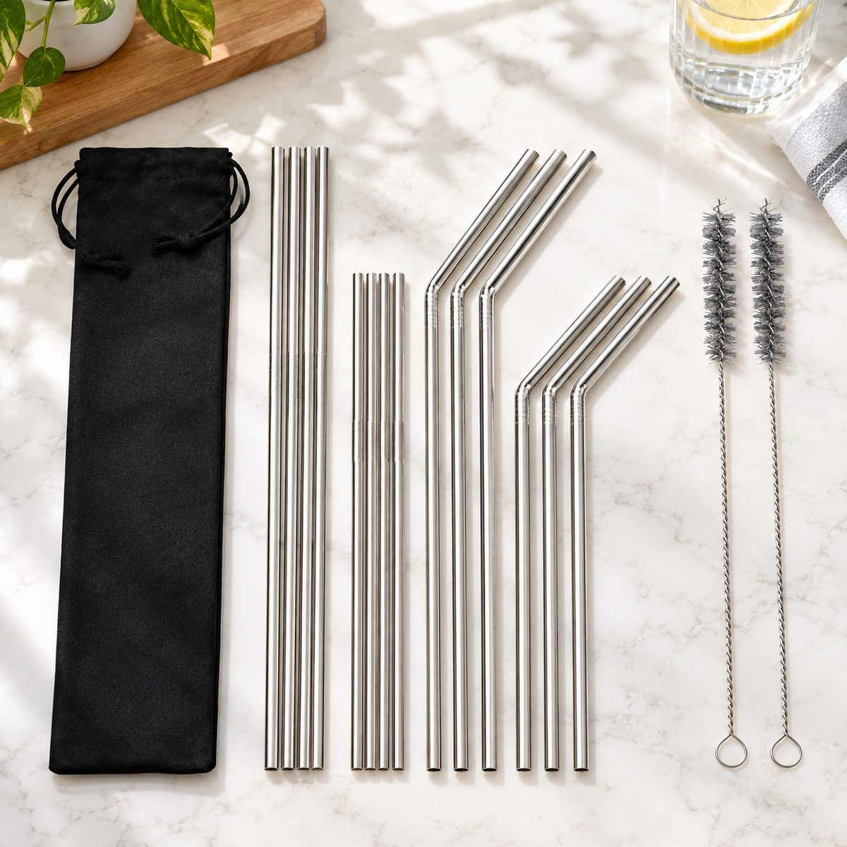 12 Stainless Steel Straws with 2 Cleaning Brushes — product view 2