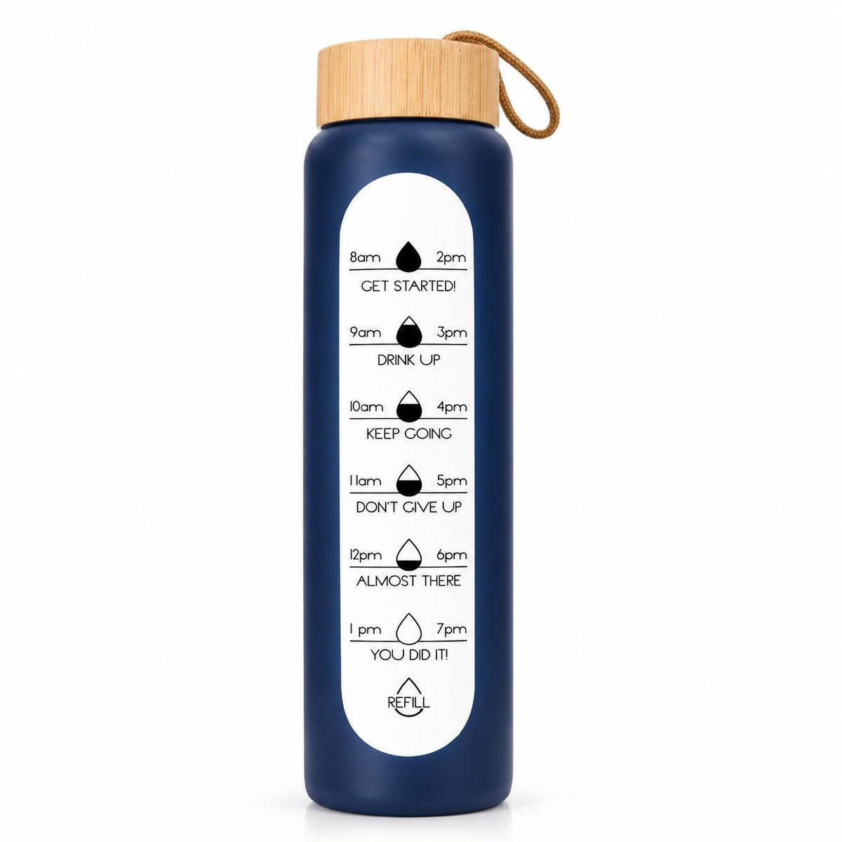 Glass Water Bottle, 1 L Borosilicate with Wooden Lid and Time Markers – Navy Blue — photo 2