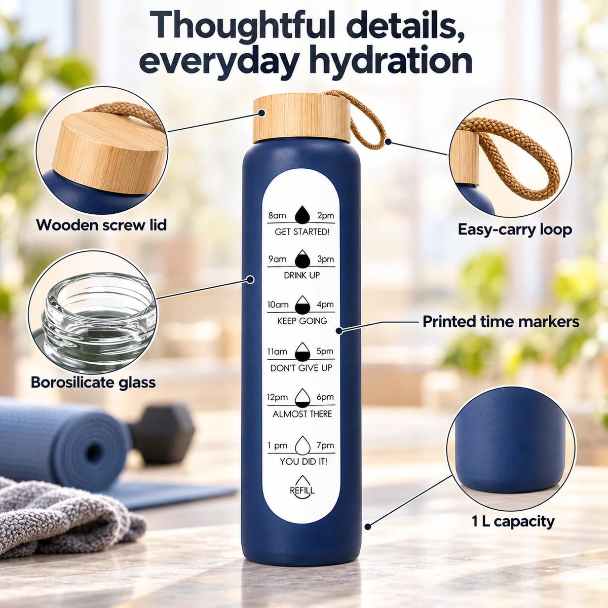 Glass Water Bottle, 1 L Borosilicate with Wooden Lid and Time Markers – Navy Blue — photo 1