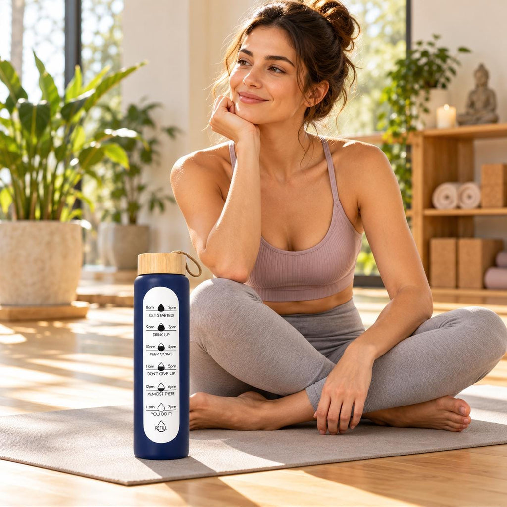 Glass Water Bottle, 1 L Borosilicate with Wooden Lid and Time Markers – Navy Blue — photo 4