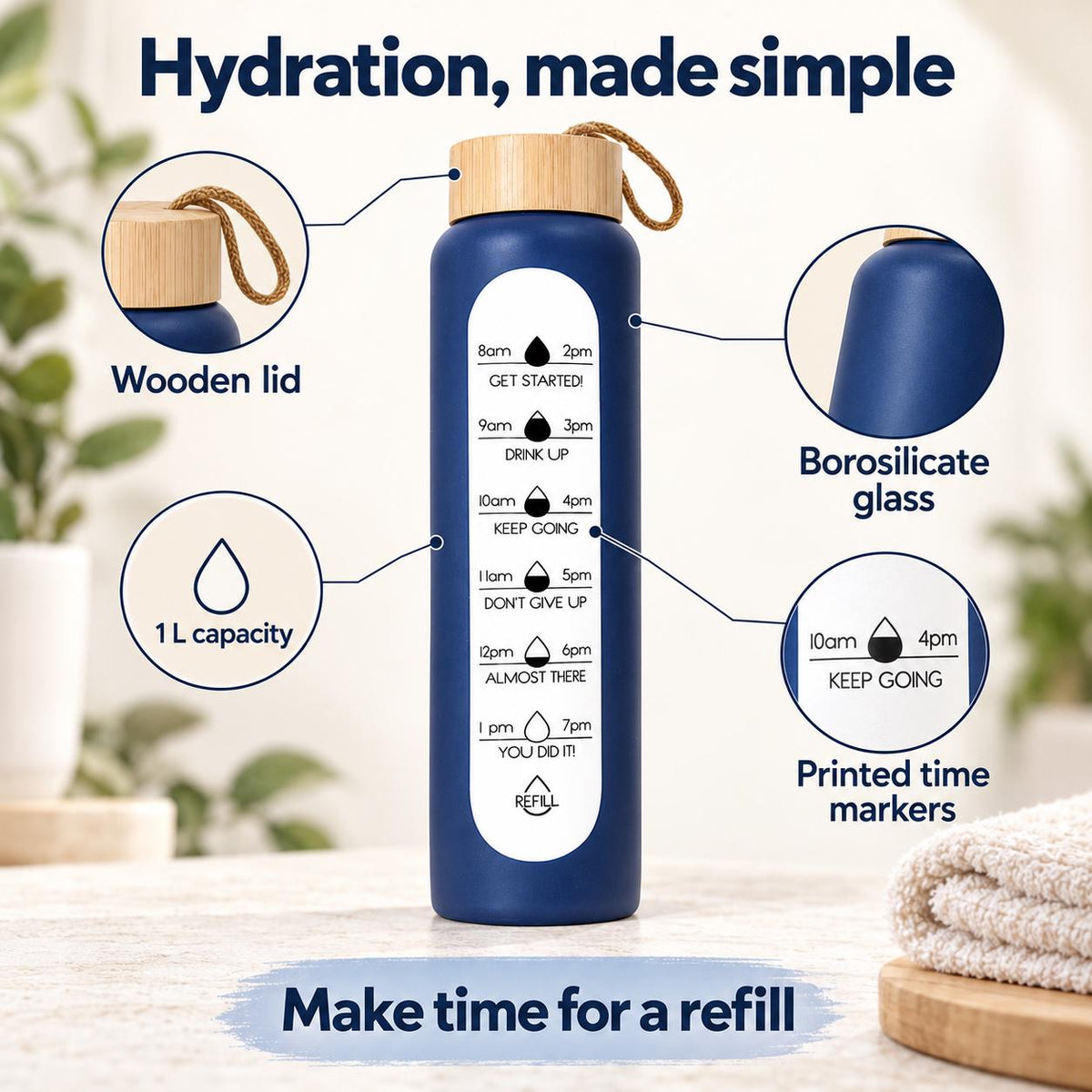 Glass Water Bottle, 1 L Borosilicate with Wooden Lid and Time Markers – Navy Blue — photo 6