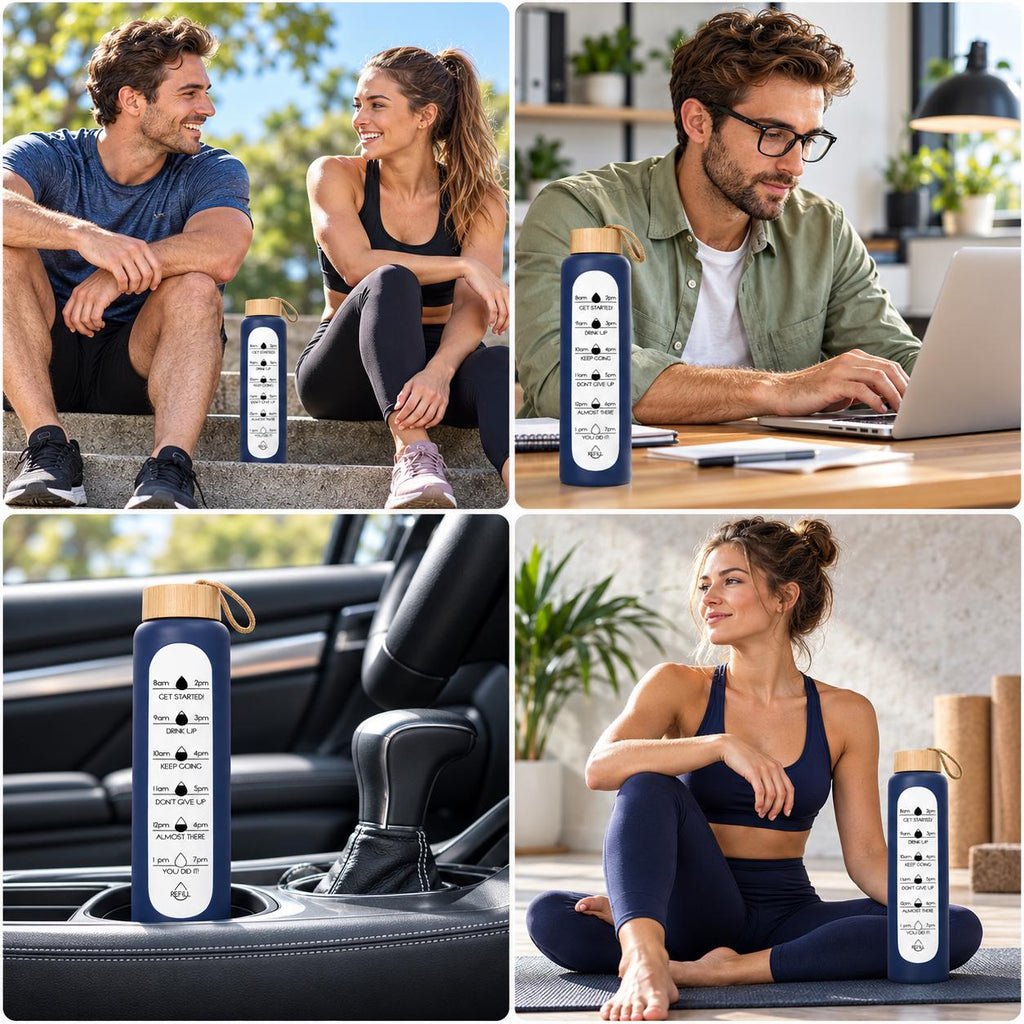 Glass Water Bottle, 1 L Borosilicate with Wooden Lid and Time Markers – Navy Blue — photo 7