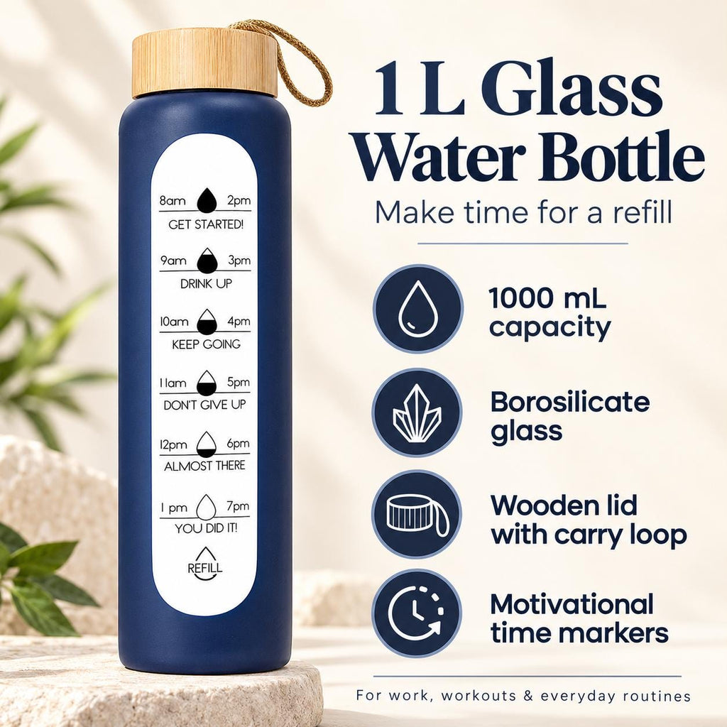 Glass Water Bottle, 1 L Borosilicate with Wooden Lid and Time Markers – Navy Blue — photo 8