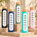 Glass Water Bottle, 1 L Borosilicate, Wooden Lid and Time Markers – Pink — photo 1