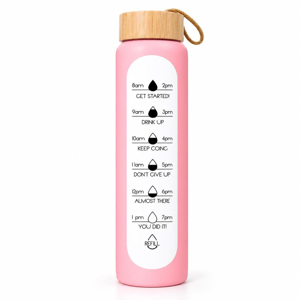 Glass Water Bottle, 1 L Borosilicate, Wooden Lid and Time Markers – Pink — photo 2