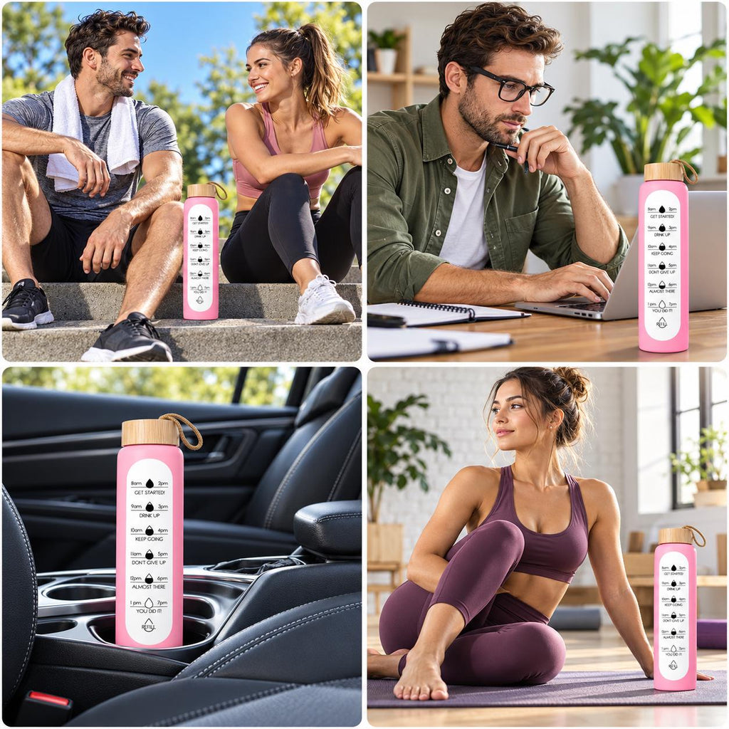 Glass Water Bottle, 1 L Borosilicate, Wooden Lid and Time Markers – Pink — photo 7