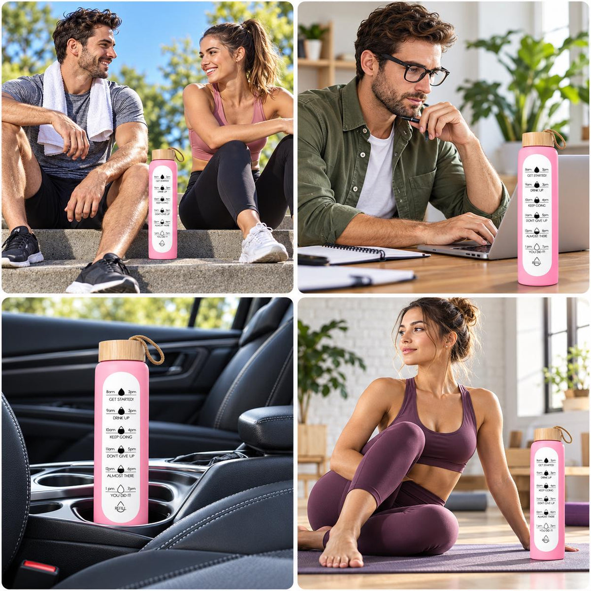 Glass Water Bottle, 1 L Borosilicate, Wooden Lid and Time Markers – Pink — photo 7