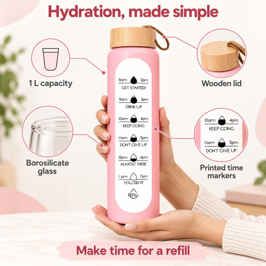Glass Water Bottle, 1 L Borosilicate, Wooden Lid and Time Markers – Pink — photo 6