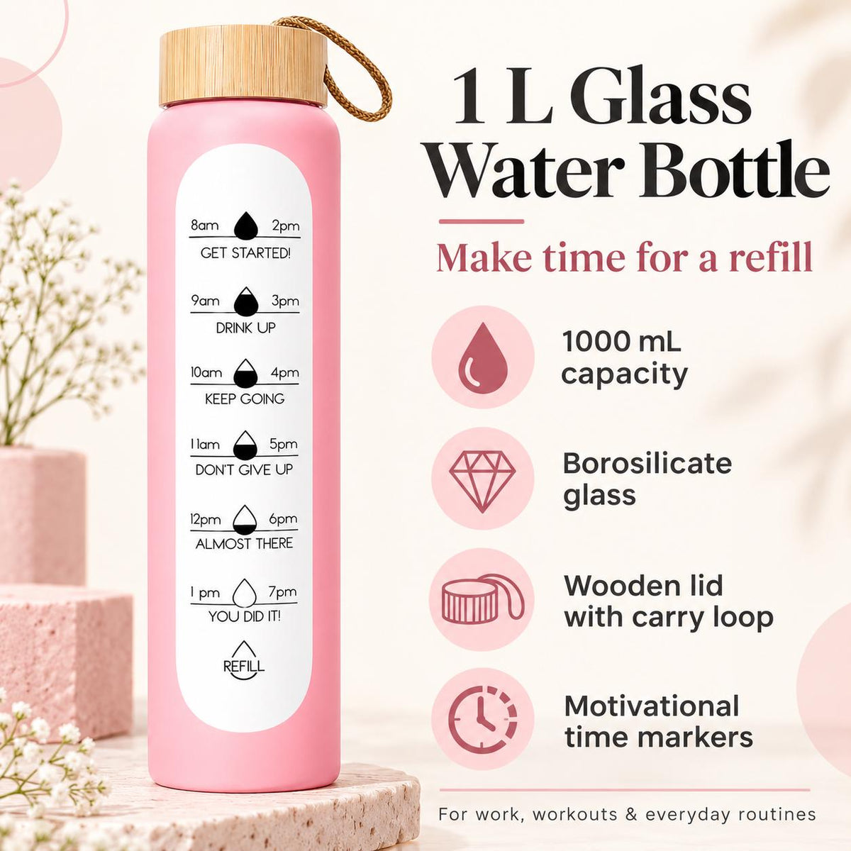 Glass Water Bottle, 1 L Borosilicate, Wooden Lid and Time Markers – Pink — photo 9