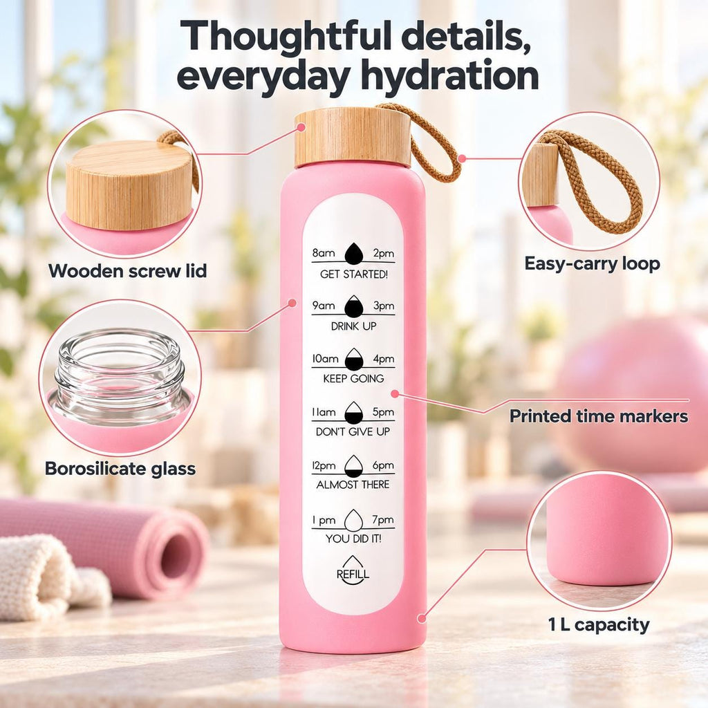 Glass Water Bottle, 1 L Borosilicate, Wooden Lid and Time Markers – Pink — photo 8