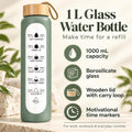 Glass Water Bottle, 1 L Borosilicate, Wooden Lid and Time Markers – Sage Green — photo 1