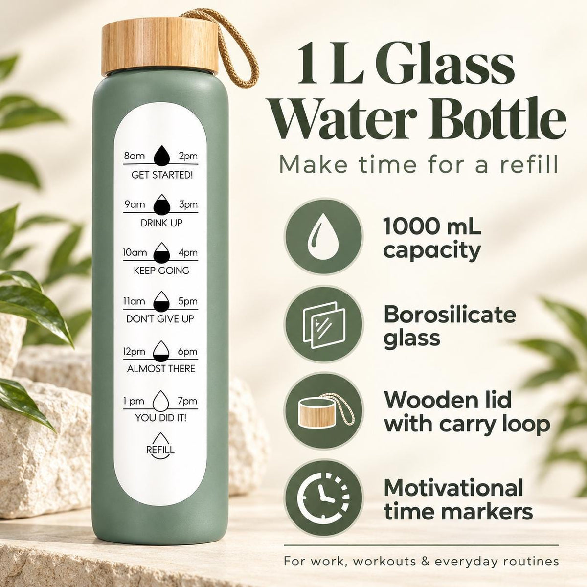 Glass Water Bottle, 1 L Borosilicate, Wooden Lid and Time Markers – Sage Green — photo 1