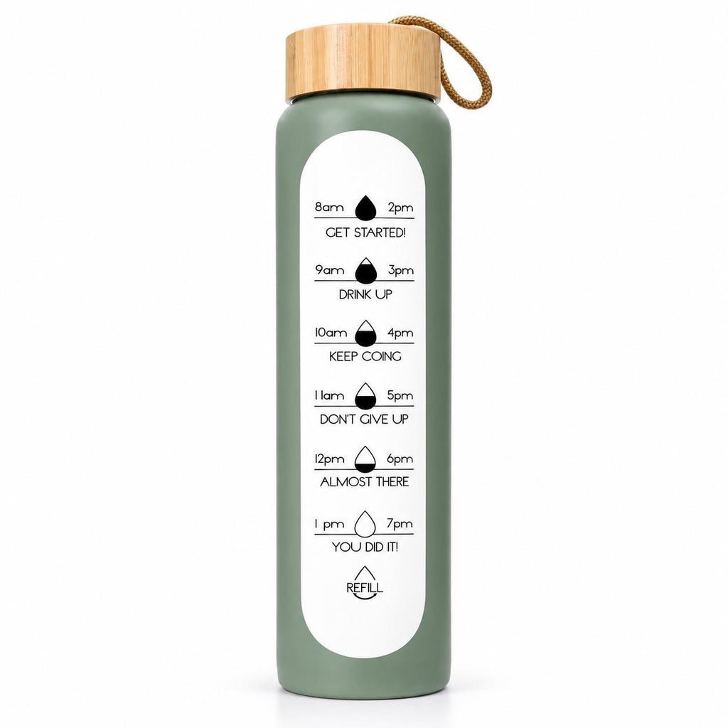 Glass Water Bottle, 1 L Borosilicate, Wooden Lid and Time Markers – Sage Green — photo 2